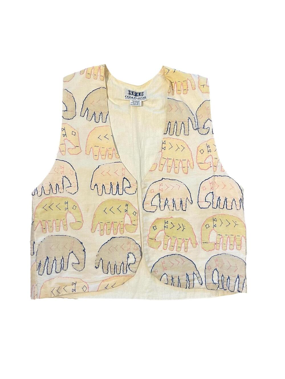 Vintage SOHO Cotton Elephant Print Vest in Pastel Colors, Size Large